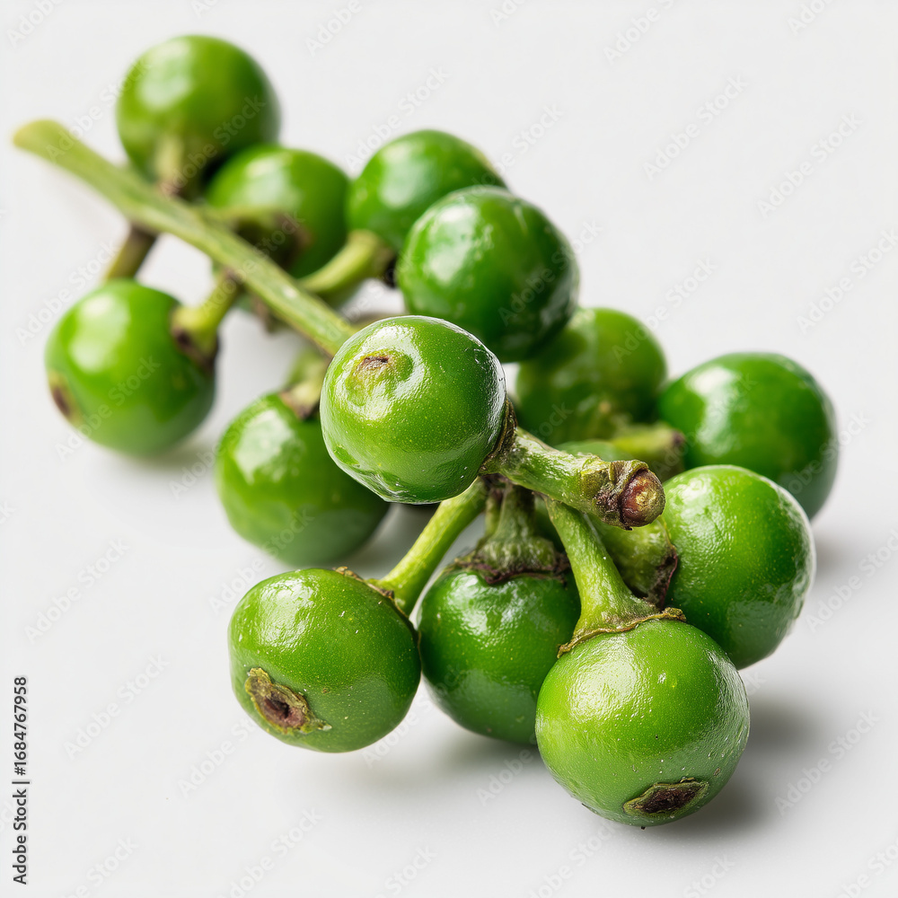 Obraz premium green peppercorns on stem on white background
