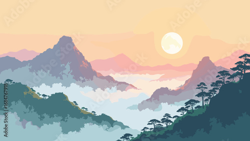 Huangshan 'Yellow Mountain' sea of clouds with pines on granite peaks, China – palette: granite gray, pine green, cloud white, sunrise peach