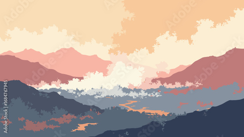 Valley of the 10,000 Smokes, Alaska – volcanic ash plains with fumarole haze, palette: ash gray, steam white, basalt, rust