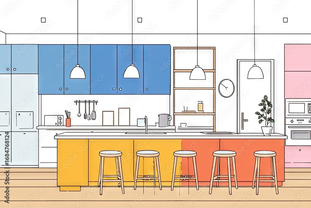 Fototapeta premium Colorful kitchen interior design sketch.