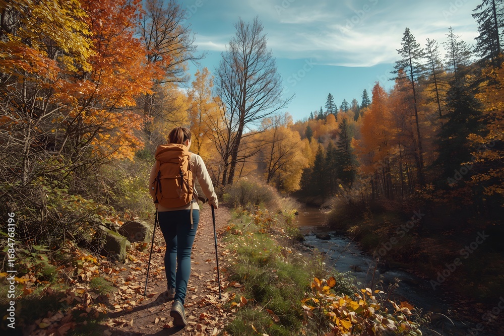 Obraz premium Hiking active people lifestyle wearing backpack exercising outdoors.