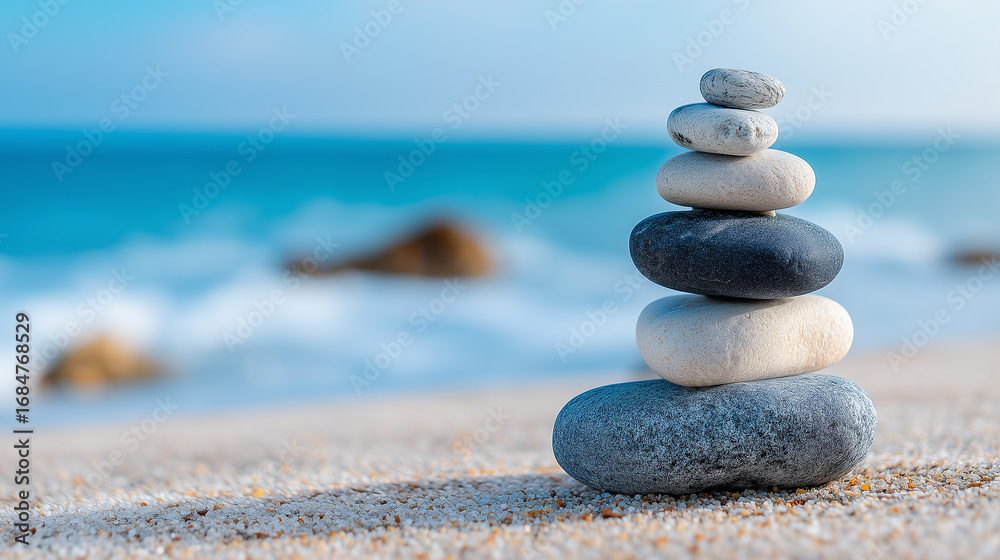 Fototapeta premium Stack of Balanced Zen Stones on Sandy Beach with Ocean Waves in Background, Concept of Harmony, Meditation, and Tranquility