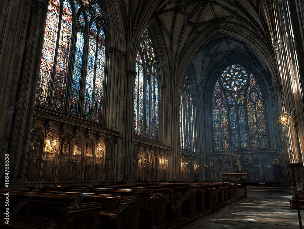 Fototapeta premium A Gothic cathedral with intricate stained glass windows, showcasing historical architecture and religious artistry.