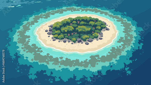 Great Barrier Reef, Australia – aerial reef atoll mosaics with coral gardens and clear lagoon, palette: coral pink, lagoon teal, sand beige, reef brown
