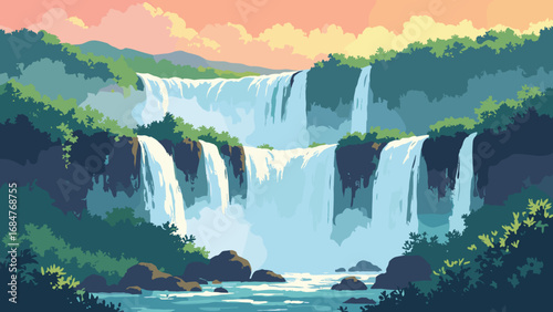 Iguazu Falls, Argentina/Brazil – tiered cascades through lush subtropical forest and spray, palette: jungle green, waterfall white, basalt black, sunrise peach