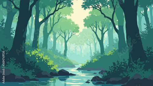 Amazon Rainforest canopy, South America – endless emerald treetops with river snakes below, palette: canopy green, river brown, orchid, mist gray