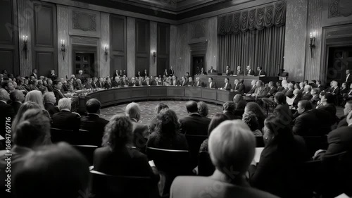 A large group of people are sitting in a room. They are all wearing suits. Wide shot faceless senate chamber during voting session, vote-a-rama documentary muted