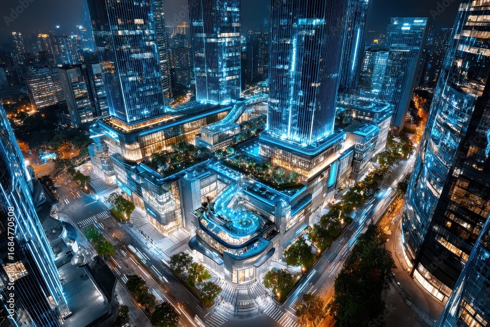 Obraz premium Aerial View of Futuristic Cityscape at Night
