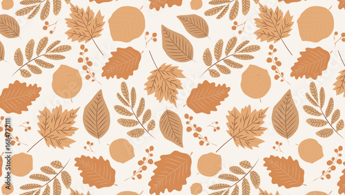 Autumn foliage, flat vector seamless pattern, hand drawn illustration, beige and brown colors. Simple cozy design. Ideal for fabric, wrapping paper, greeting cards, stationery, web backgrounds.