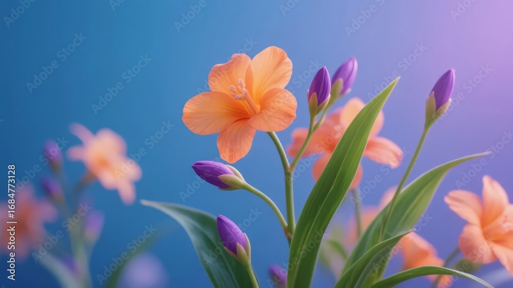 Fototapeta premium Vibrant Orange and Purple Flowers Against a Gradient Blue Background