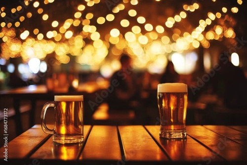 Cozy outdoor bar scene with beer glasses on dark table, outdoors terrace at dusk, afterwork
