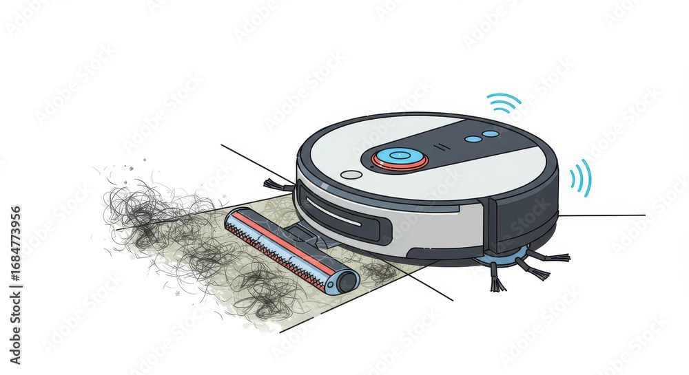 Fototapeta premium A robotic vacuum cleaner efficiently collects hair from a floor surface.