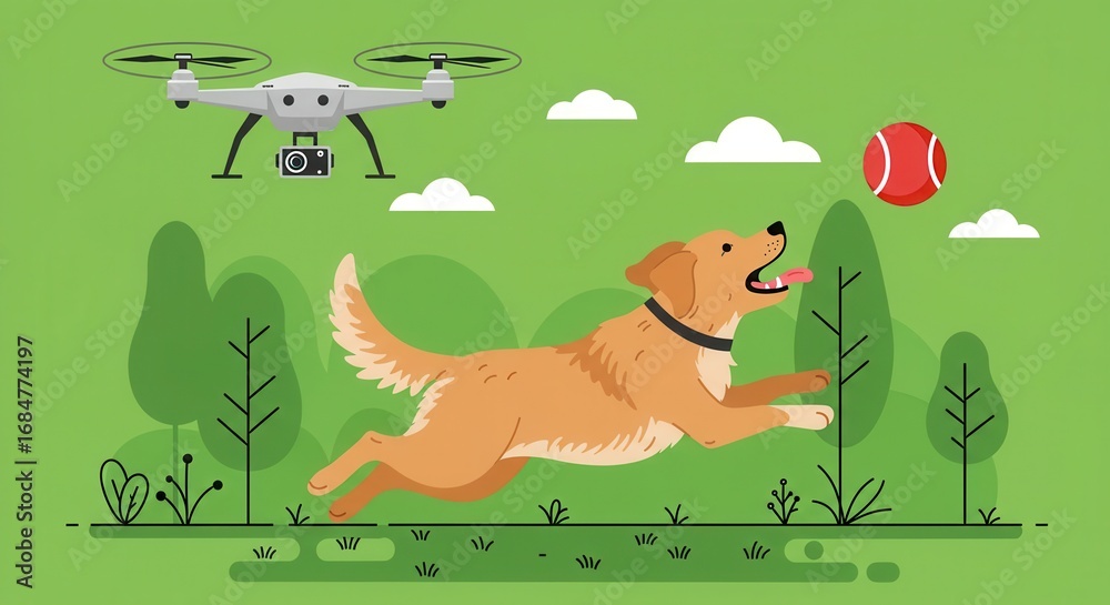 Naklejka premium A dog chases a ball in a park while a drone hovers above, capturing the fun.