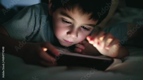 Boy using smartphone at night bed screen glow face illuminated child technology addiction mobile device blue light effect digital gadget childhood lifestyle concept late evening internet browsing gami