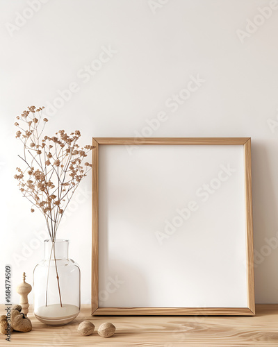 Minimalist Wooden Frame Mockup with Dried Flowers on Wooden Table