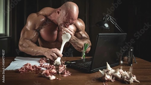 Bald male bodybuilder eating raw meat at desk muscular strong man tearing chicken bone fitness nutrition bodybuilding protein diet extreme power strength concept laptop lifestyle intense masculine ene