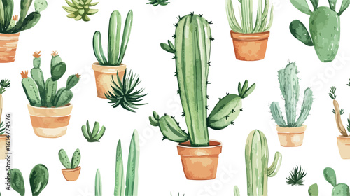 A vibrant watercolor illustration featuring a diverse collection of potted cacti and succulents in various shapes and sizes