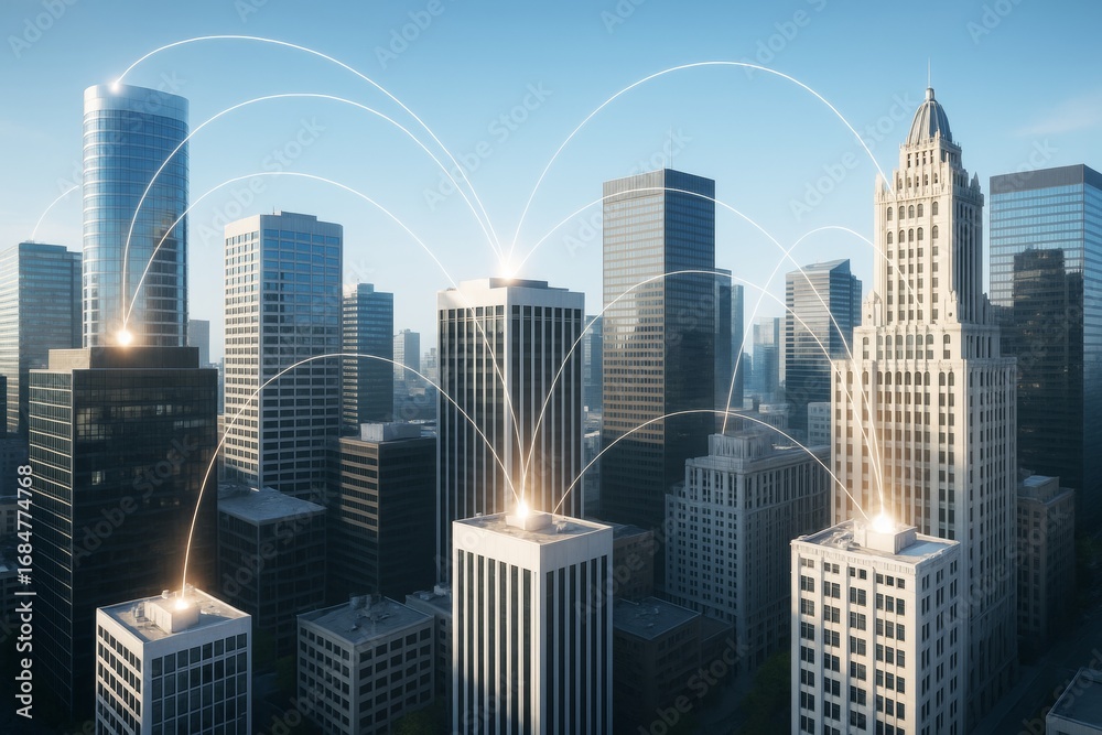 Fototapeta premium Futuristic city skyline with glowing data connections symbolizing modern communication and digital technology concept on a bright morning background.