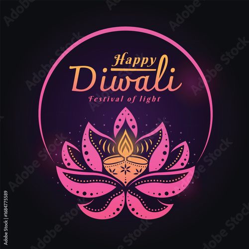 Happy diwali, Festival of light - Text in circle line frame and diya with light on lotus sign on dark light background vector design