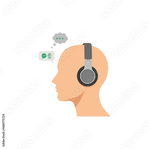 Stylized profile illustration of a human head wearing headphones, depicting concepts of communication, thought, and audio interaction.