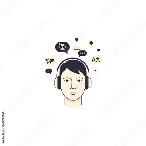 A minimalist illustration depicting a person with headphones, surrounded by various icons representing language translation, global communication, and learning.