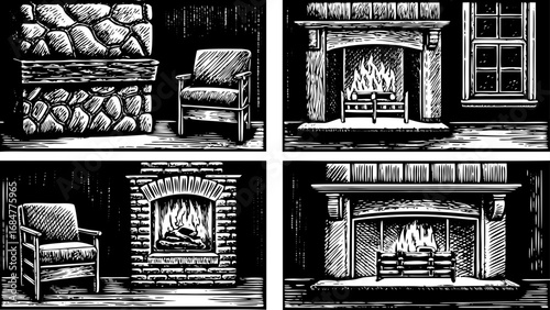 cozy home interior black and white sketch collection, showcasing detailed fireplaces and elegant furniture pieces, created for design inspiration, decorative concepts, architectural drawings