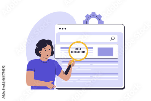 Meta Description Optimization for SEO. A Professional Analyzing Website Content and Improving Search Engine Results with an Optimized Meta Description. Vector Flat Illustration