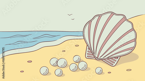 Aesthetic beach scene with a seashell and pearls scattered on the sand near the ocean and birds flying