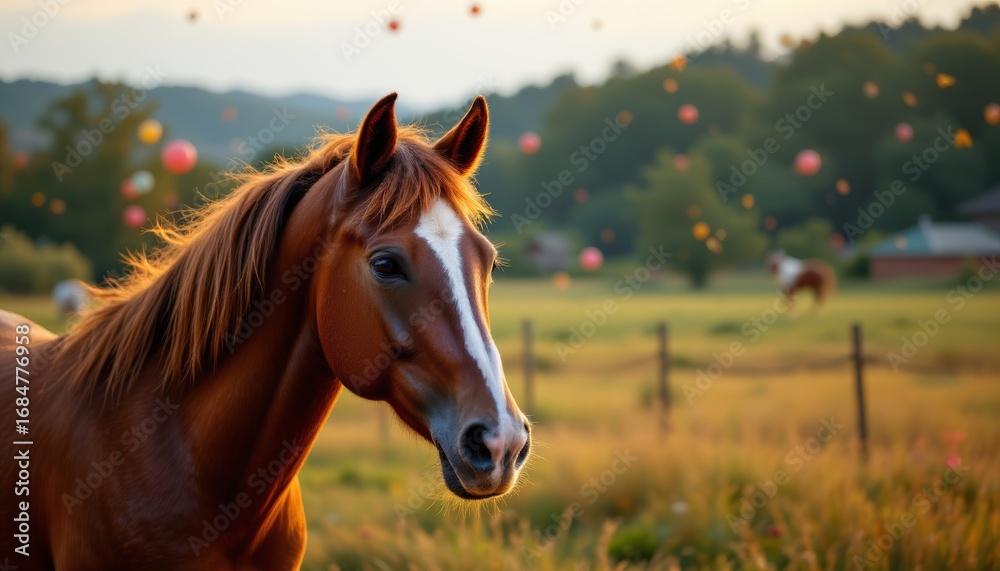 Naklejka premium Chestnut Horse Portrait in Meadow