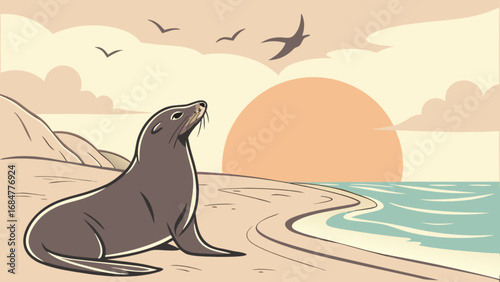 A seal on a sandy beach looking up at birds flying in the sky with the sun setting in the background