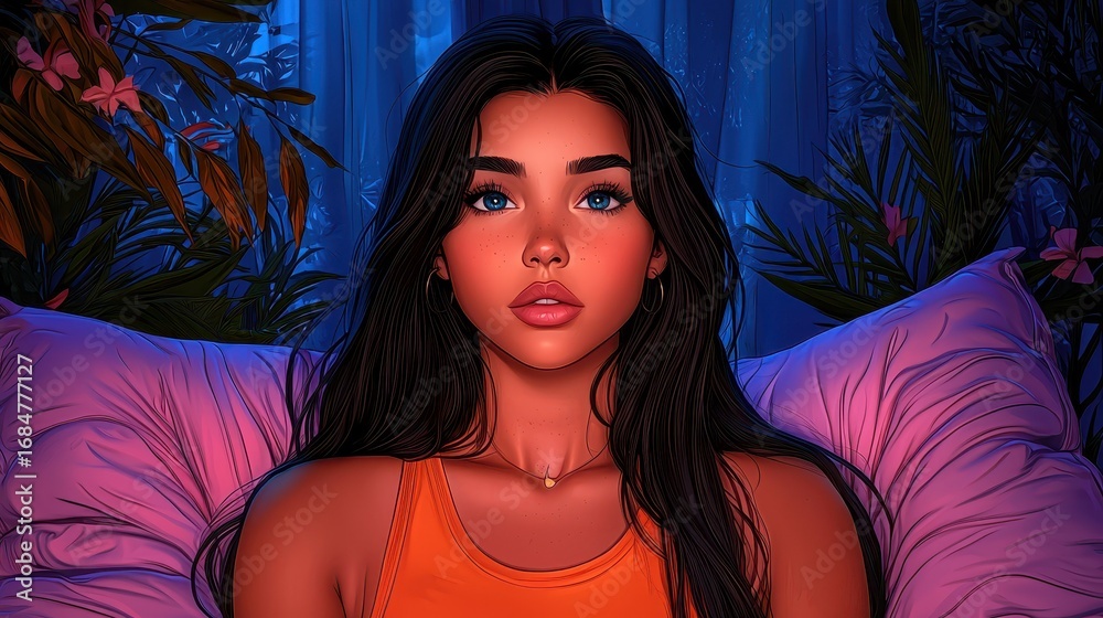 custom made wallpaper toronto digitalYoung Woman with Blue Eyes in Pixel Art Portrait Among Dark Green Foliage