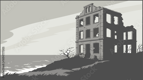 Monochromatic view of a ruined building near the sea with a cloudy sky in a desolate landscape seen from afar
