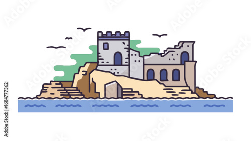 Illustration of a ruined coastal castle on a rocky island with birds flying above the water waves