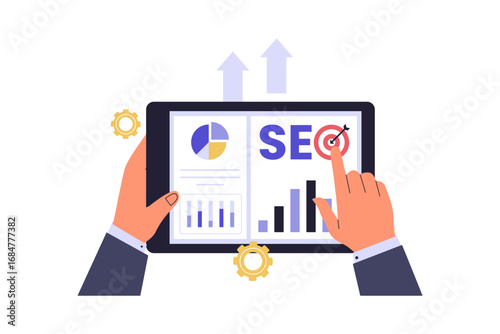 Interactive SEO Data Analysis on Tablet. Professionals Working with Growing Graphs and Marketing Metrics on a Touchscreen Device to Optimize Website Performance. Vector Flat Illustration