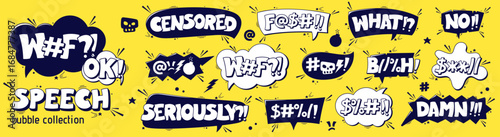 Black and white swear speech bubbles on a yellow background with dark details around.