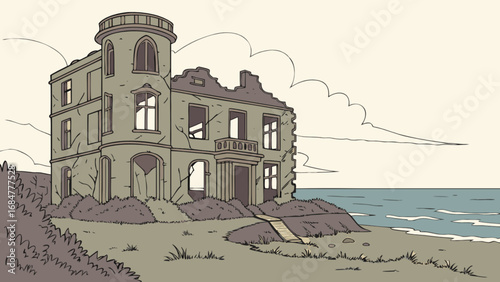Illustration of a dilapidated seaside mansion with crumbling walls and a turret near the ocean shore