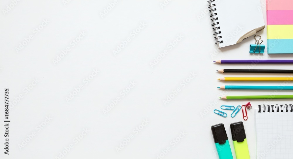 Obraz premium Top view flat lay of colorful school and office supplies on a white background, ideal for creative projects, study, and work concepts with ample copy space
