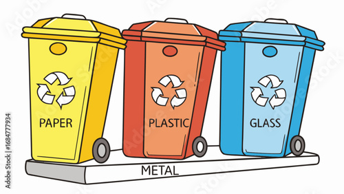 Three colorful recycling bins labeled for paper plastic and glass sitting on a metal shelf in illustration