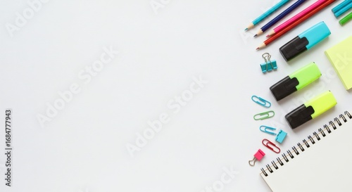 Top view of a creative and organized desk with essential school and office stationery items providing ample room for text