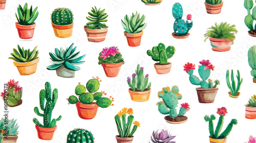 Vibrant watercolor illustration of assorted potted cacti and succulents in various pots