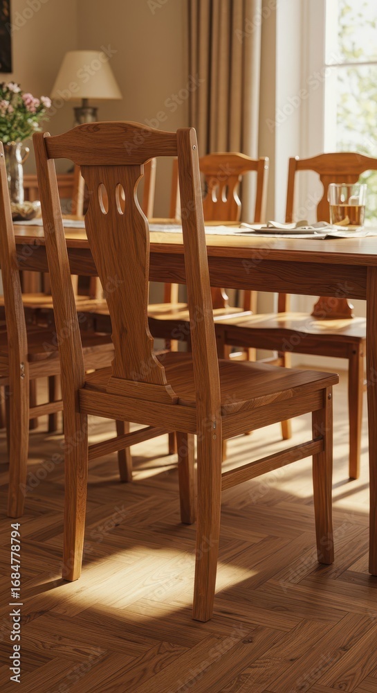 Obraz premium A warm dining room scene showcases a light-filled space with a long wooden table and elegant chairs.