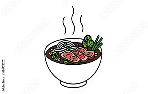 Bowl of Steaming Noodle Soup with Fresh Ingredients and Herbs