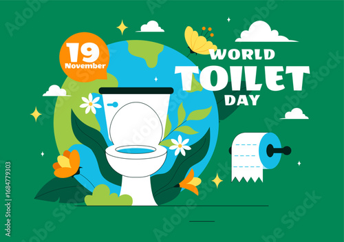 World Toilet Day Vector Illustration on November 19 featuring Toilet, Earth, and Bathroom Hygiene Equipment for Awareness in a Flat Background