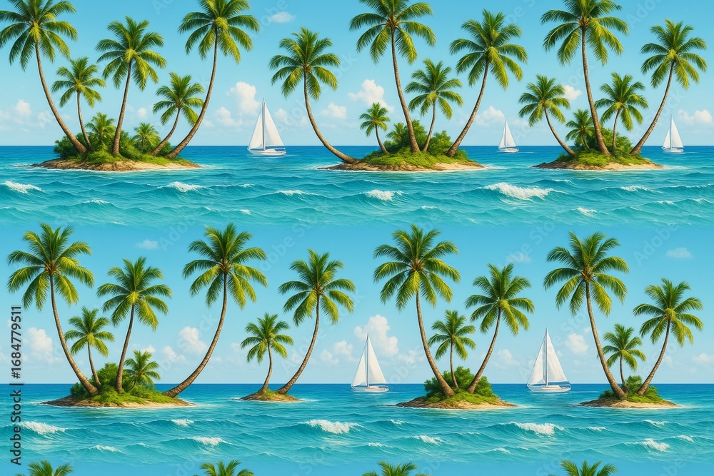 Fototapeta premium Seamless tropical island pattern featuring palm trees, turquoise ocean waves, and sailboats under a bright blue sky in summer beach background style. Ai generative