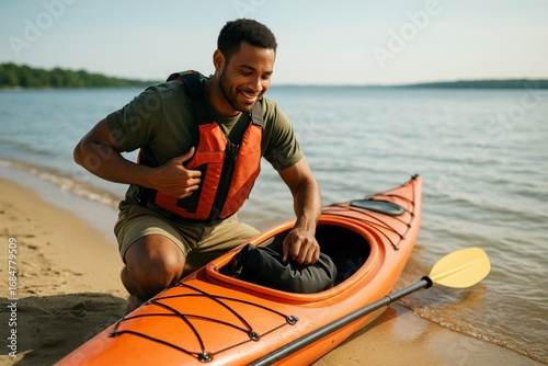 Fototapeta Naklejka Na Ścianę i Meble -  Man preparing kayak on sandy beach during sunny day wearing life vest, kneeling beside orange kayak by calm lake shore, smiling peacefully. Ai generative