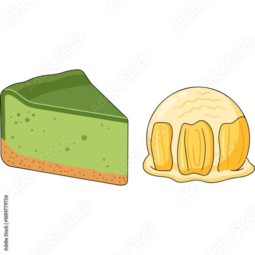 Matcha Cheesecake and Vanilla Ice Cream: Vector illustration of Japanese dessert and Western dessert. Image suitable for cafe menus, recipe blogs, and dessert-related content.