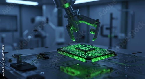 Advanced Robotic Arm Assembling a Futuristic Microchip in a HighTech Laboratory.