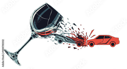 Conceptual vector illustration symbolizing the dangers of drunk driving with two cars crashing inside a shattering wine glass