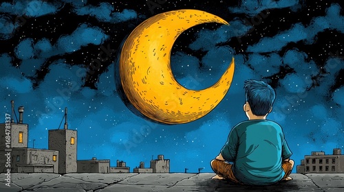 Youth Contemplates Crescent Moon Over Night City in Pixel Art