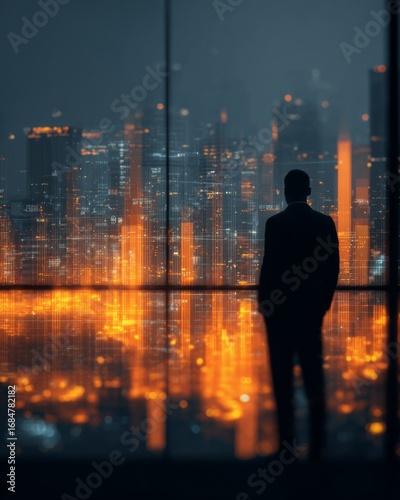 Wallpaper Mural CEO silhouette looking out a window at glowing holographic financial graphs, symbolizing leadership and vision. Torontodigital.ca